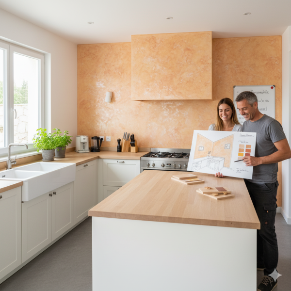 Pourquoi choisir un enduit décoratif plutôt qu’une peinture classique pour une cuisine familiale rénovée avec étude personnalisée à Saint-Laurent-du-Var ?