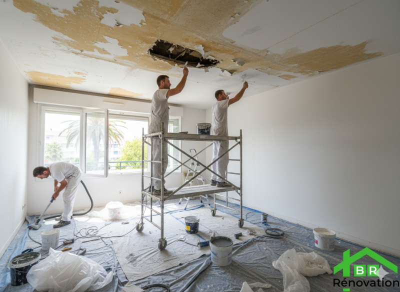 Peinture après dégât des eaux dans un appartement avec reprise complète des plafonds et nettoyage après chantier à Saint-Laurent-du-Var