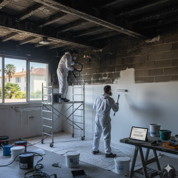 Travaux de peinture suite à incendie dans un garage avec préparation des supports et finition soignée par un professionnel à Nice