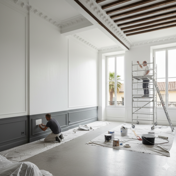 Refaire la peinture intérieure d’un loft avec finition soignée sur boiseries et murs haut de plafond à Saint-Laurent-du-Var