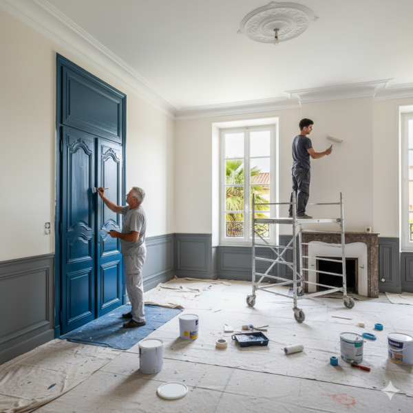 Rénovation complète avec peinture intérieure sur portes et volets bois dans une maison ancienne avec étude personnalisée à Saint-Laurent-du-Var