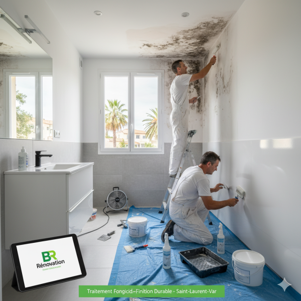 Travaux de peinture après sinistre dans une salle de bain avec traitement fongicide et finition durable à Saint-Laurent-du-Var