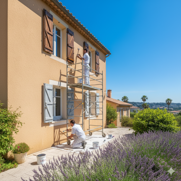 Travaux de peinture extérieure sur volets bois et entourage de fenêtres dans une maison en rénovation avec devis gratuit à Nice